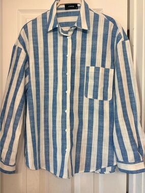 Cider NWOT Blue Cream Striped Linen Blend Button Up Shirt Top M Medium